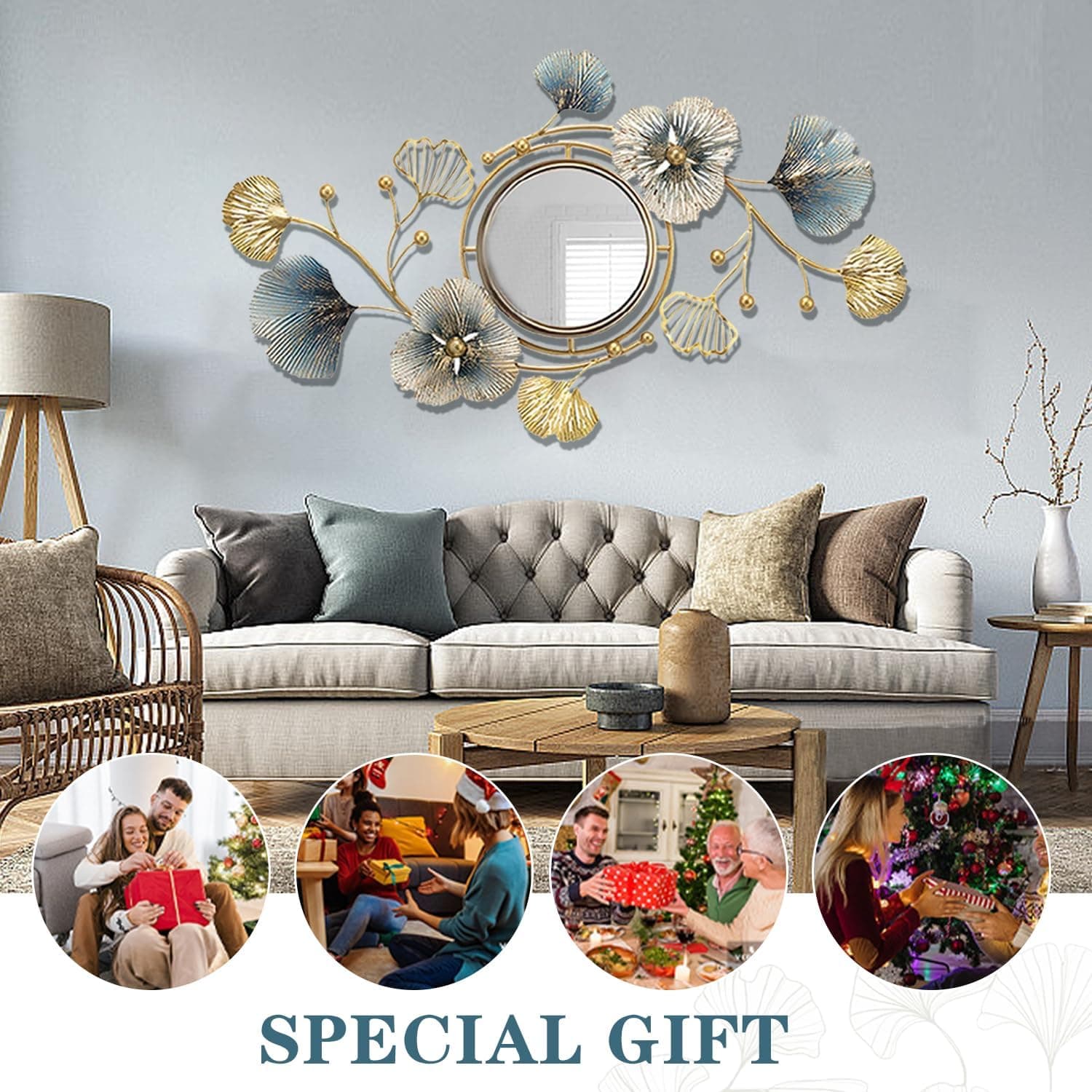 Metal Wall Mirrors Decor, Large Ginkgo Leaf Wall-Mounted Mirrors, Big Wall Decor Mirror, 3D Creative Modern Hanging Wall Mirrors Decorative, for Living Room Bedroom Entryway Bathroom (59X33 Inch) thumbnail 7