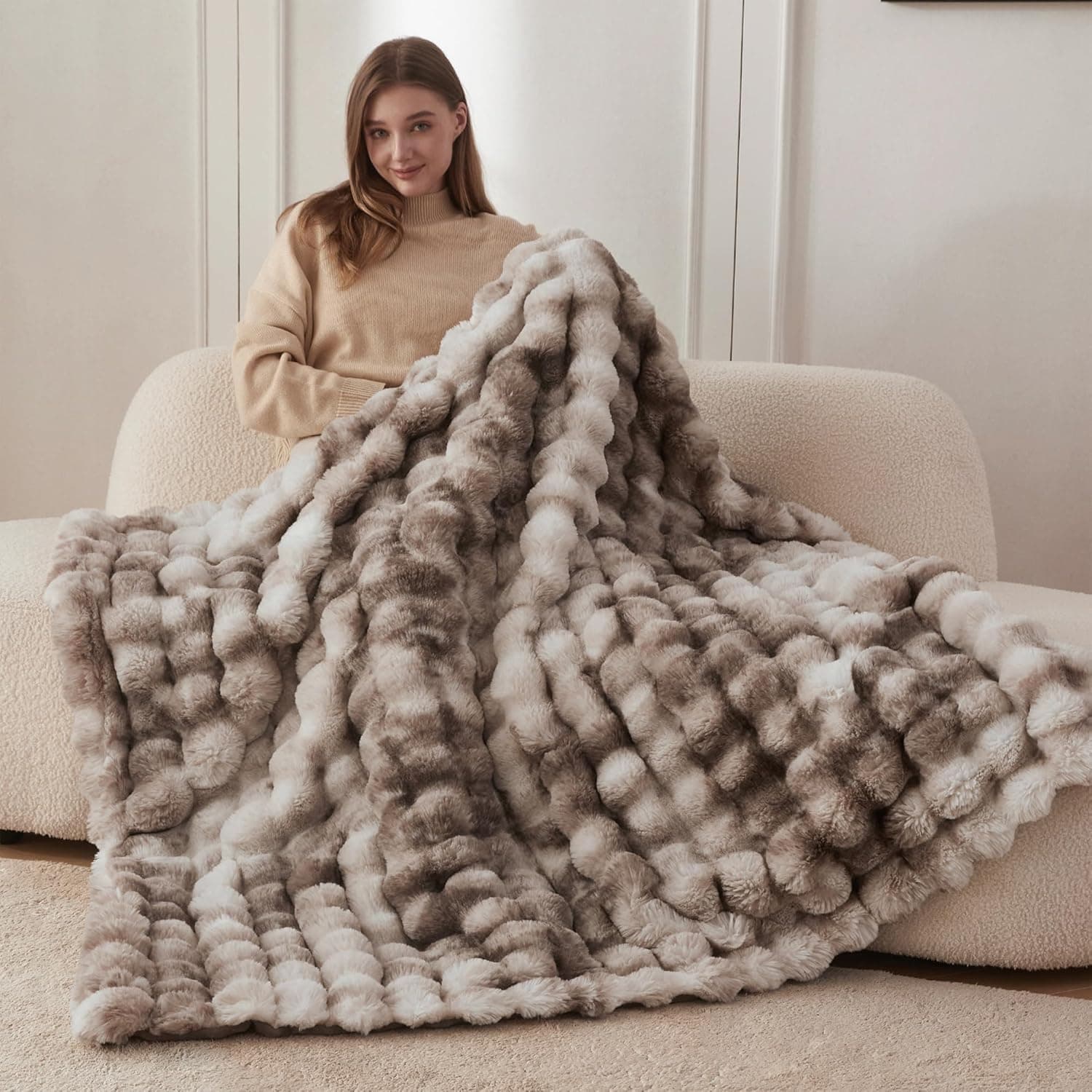 COOVA Tie-Dye Brown Faux Fur Throw Blanket – Luxuriously Soft 50x60" Cozy Plush Design for Sofa & Bedroom thumbnail 2