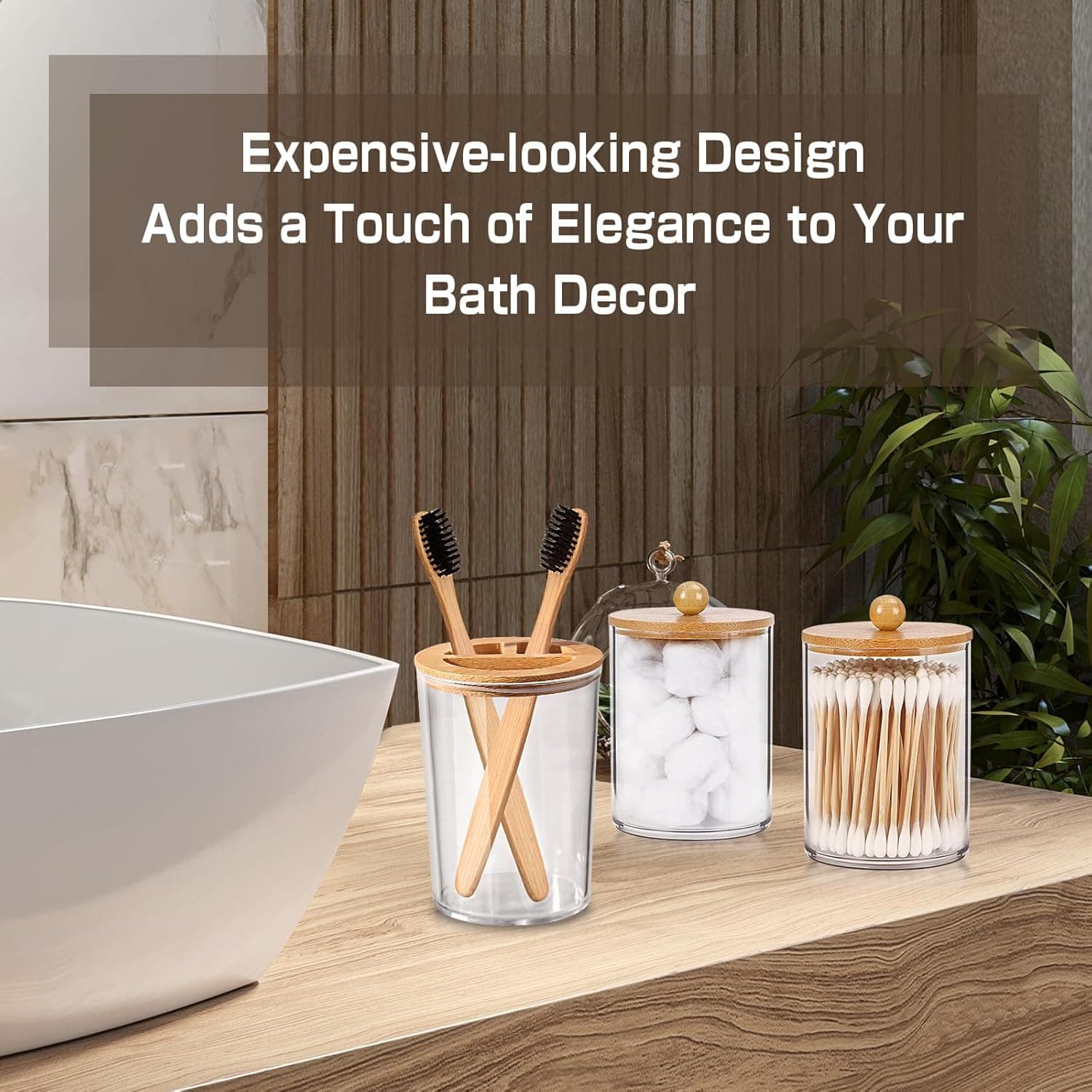 Bamboo Bathroom Accessory Set 5 Pcs, Boho Bathroom Accessories Sets Complete, Clear Bath Soap Dispenser and Toothbrush Holder Set, Soap Dish, Cotton Swab Jar, Boho Organizer thumbnail 4