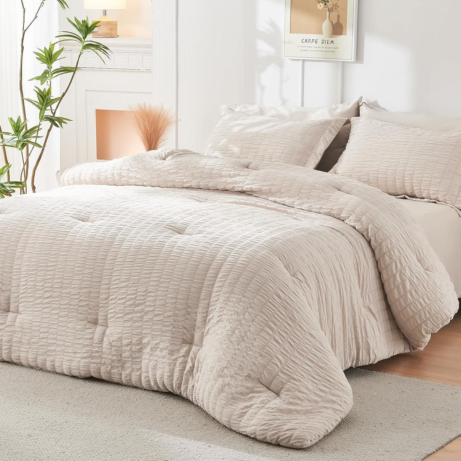 HYMOKEGE Beige Queen Comforter Set Seersucker 7 Pieces, All Season Luxury Bed in a Bag for Bedroom, Bedding Set with Comforters, Sheets, Pillowcases & Shams thumbnail 8