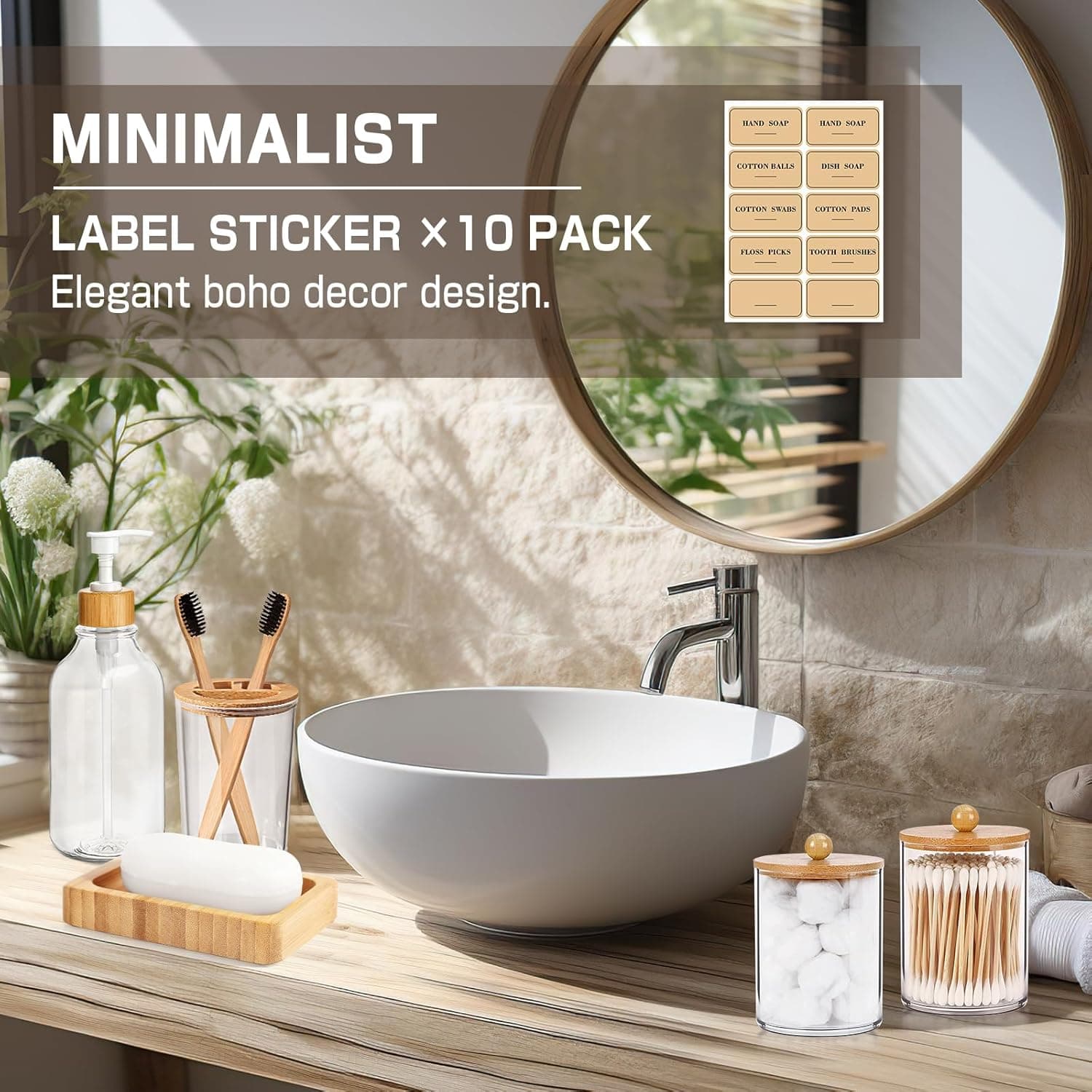 Bamboo Bathroom Accessory Set 5 Pcs, Boho Bathroom Accessories Sets Complete, Clear Bath Soap Dispenser and Toothbrush Holder Set, Soap Dish, Cotton Swab Jar, Boho Organizer thumbnail 6