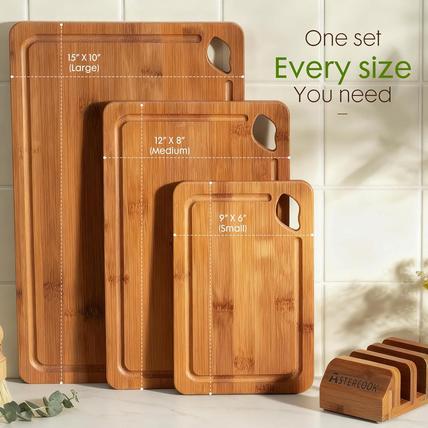 Astercook Deep-Carbonized Bamboo Cutting Boards for Kitchen with Wood Storage Stand, Reversible Charcuterie & Chopping Boards with Juice Grooves and Easy-Grip Handles, Fathers Day Gift for Men thumbnail 8