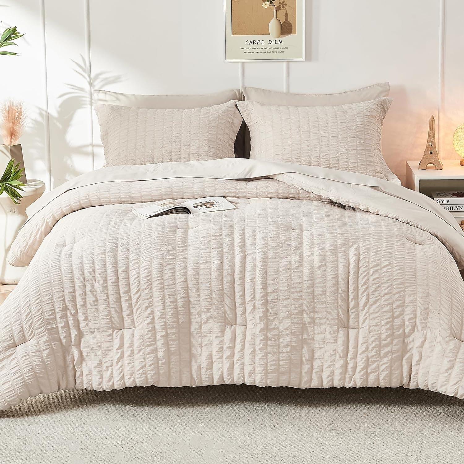 HYMOKEGE Beige Queen Comforter Set Seersucker 7 Pieces, All Season Luxury Bed in a Bag for Bedroom, Bedding Set with Comforters, Sheets, Pillowcases & Shams thumbnail 9