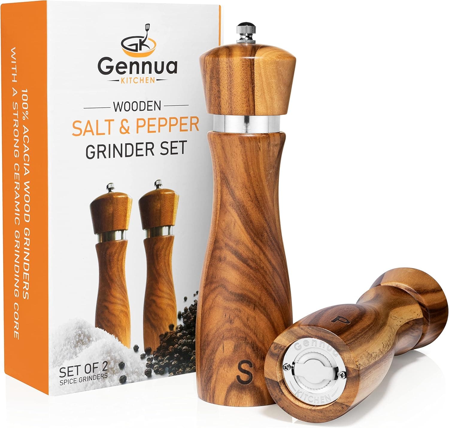 Gennua Kitchen Wooden Salt and Pepper Grinder Set: Refillable Salt & Pepper Mills Adjust for Customized Coarseness, Crafted of Solid Acacia Wood with Ceramic/Stainless Steel Core, 8 Inches Each thumbnail 2