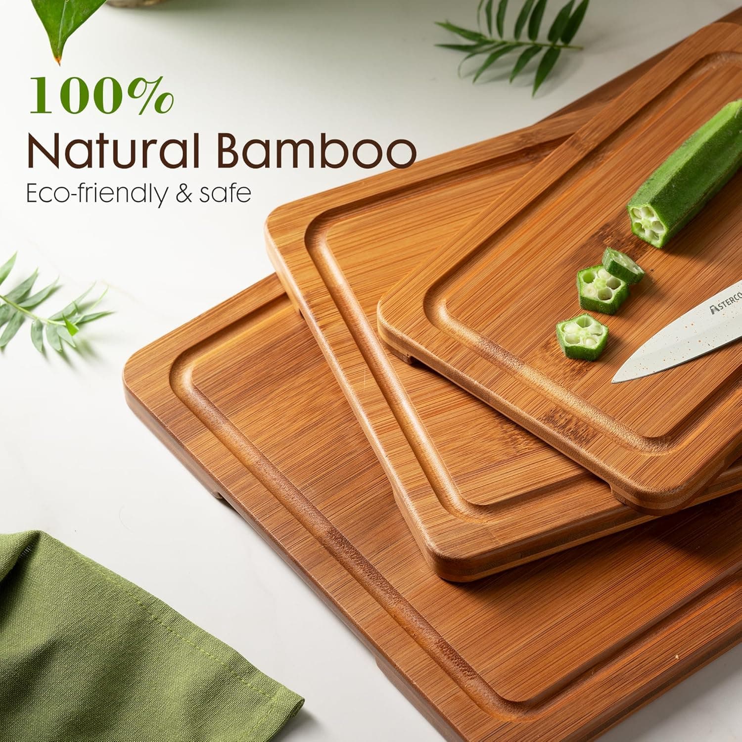 Astercook Deep-Carbonized Bamboo Cutting Boards for Kitchen with Wood Storage Stand, Reversible Charcuterie & Chopping Boards with Juice Grooves and Easy-Grip Handles, Fathers Day Gift for Men thumbnail 4