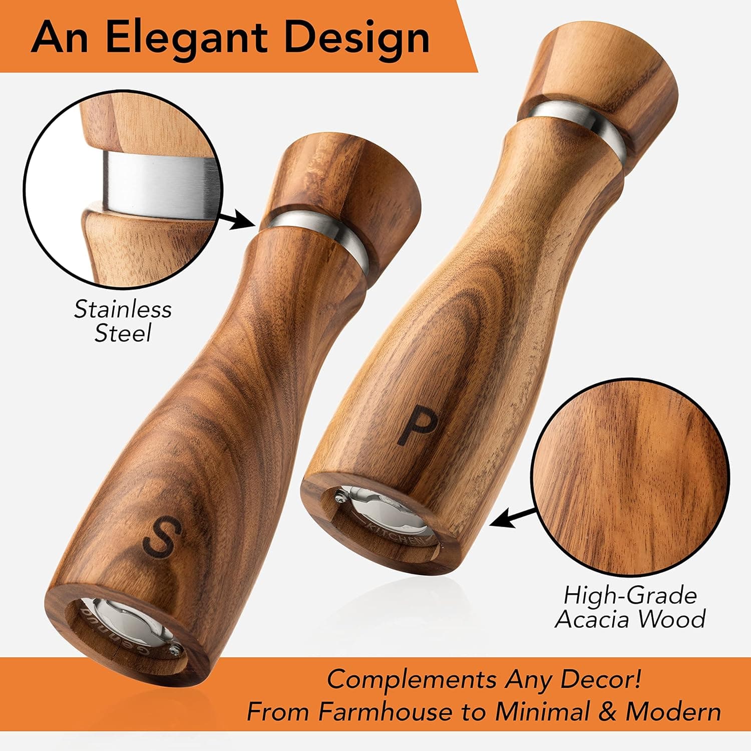 Gennua Kitchen Wooden Salt and Pepper Grinder Set: Refillable Salt & Pepper Mills Adjust for Customized Coarseness, Crafted of Solid Acacia Wood with Ceramic/Stainless Steel Core, 8 Inches Each thumbnail 3