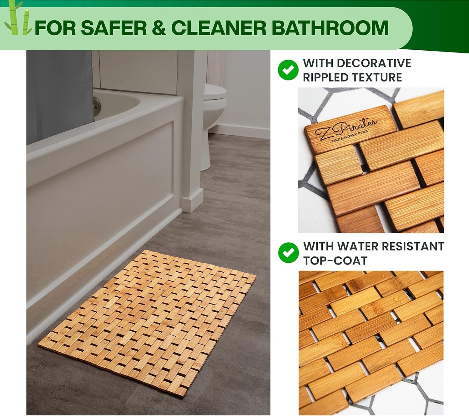 Bamboo Bath Mat - Foldable Wooden Bathmat - Accessories for Bathroom Sauna Spa Tub Step and Floor - 24 x 16 x 0.4 Inches [LxWxH] - Modern Farmhouse Decor Design thumbnail 7