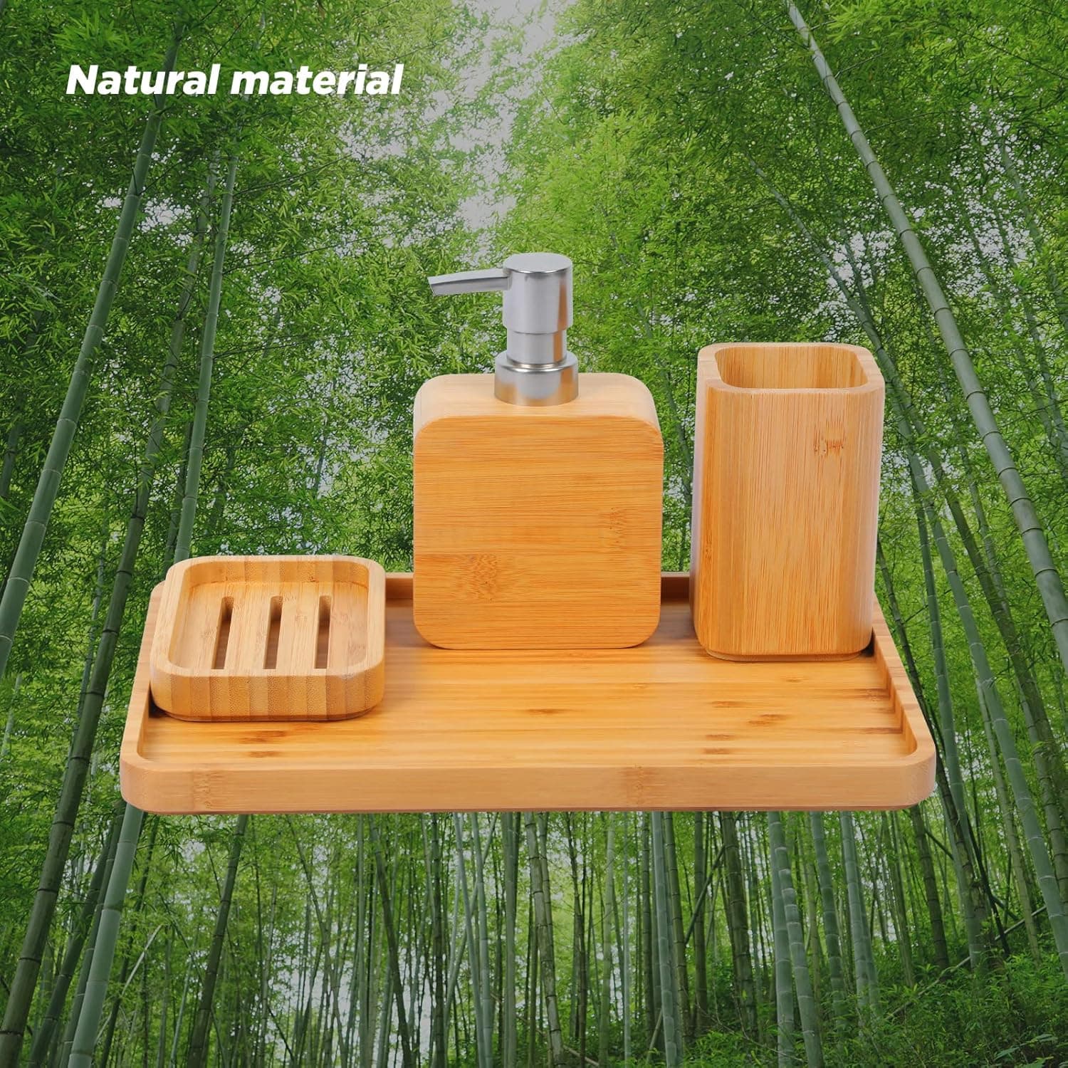 4Pcs Handmade Bamboo Sink & Bathroom Accessories Set Retro Set, Natural, Soap Dish Holder for Shower, Lotion Soap Dispenser, Mouthwash Cup, Rinse Cup, Organiser Tray for Hotel, House, Office thumbnail 6