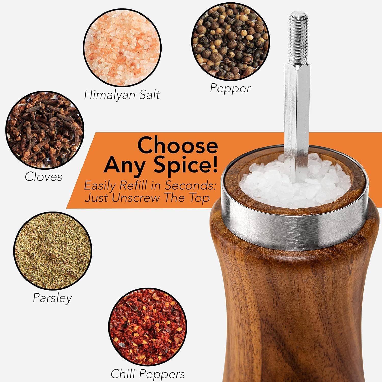 Gennua Kitchen Wooden Salt and Pepper Grinder Set: Refillable Salt & Pepper Mills Adjust for Customized Coarseness, Crafted of Solid Acacia Wood with Ceramic/Stainless Steel Core, 8 Inches Each thumbnail 4
