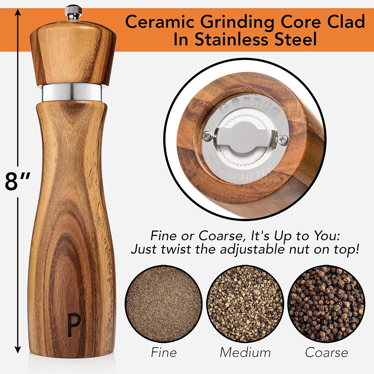 Gennua Kitchen Wooden Salt and Pepper Grinder Set: Refillable Salt & Pepper Mills Adjust for Customized Coarseness, Crafted of Solid Acacia Wood with Ceramic/Stainless Steel Core, 8 Inches Each thumbnail 5